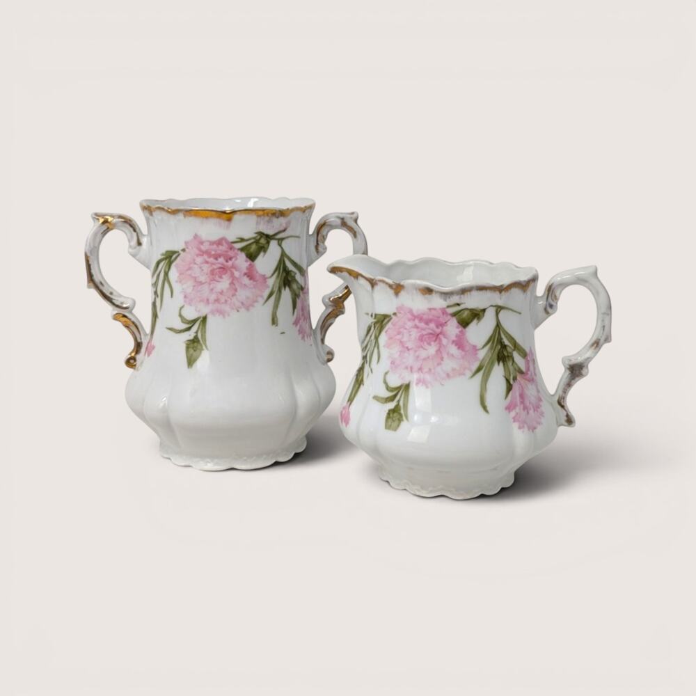 1910s Royal Bavarian PM Porcelain Creamer Sugar Bowl Pink Floral Set